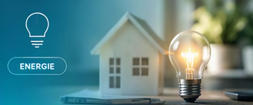 Hausmodell neben einer leuchtenden Glühbirne