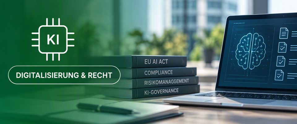 Laptop mit KI-Symbol neben Ordnern zu EU AI Act und Compliance